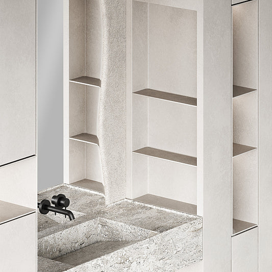 Bathroom furniture set 8. Monochrome grey. Curved mirror shape. Stone sink. Wall-mounted faucet. 3DS Max Model