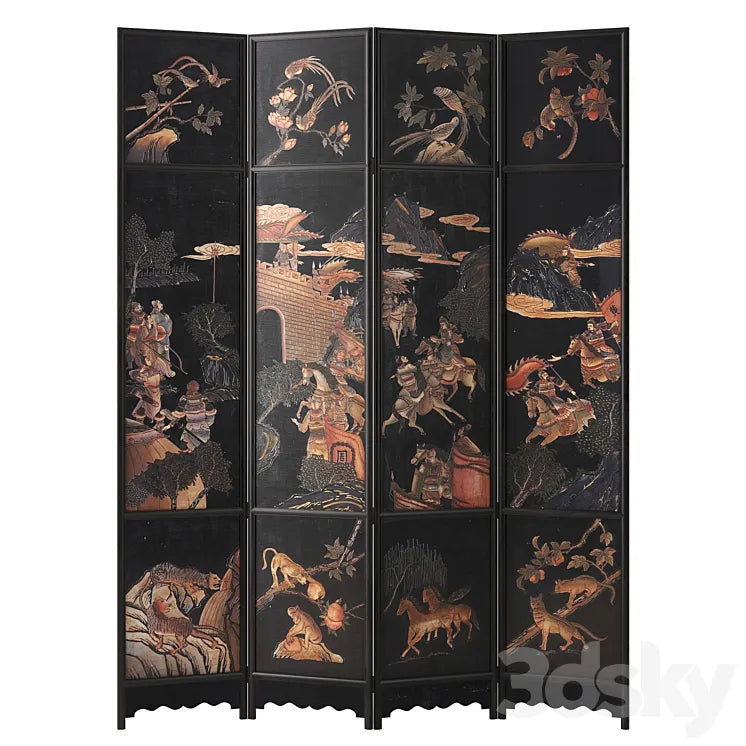 Chinese Four-Panel Lacquered Coromandel Panel Screen 3DSMAX Model