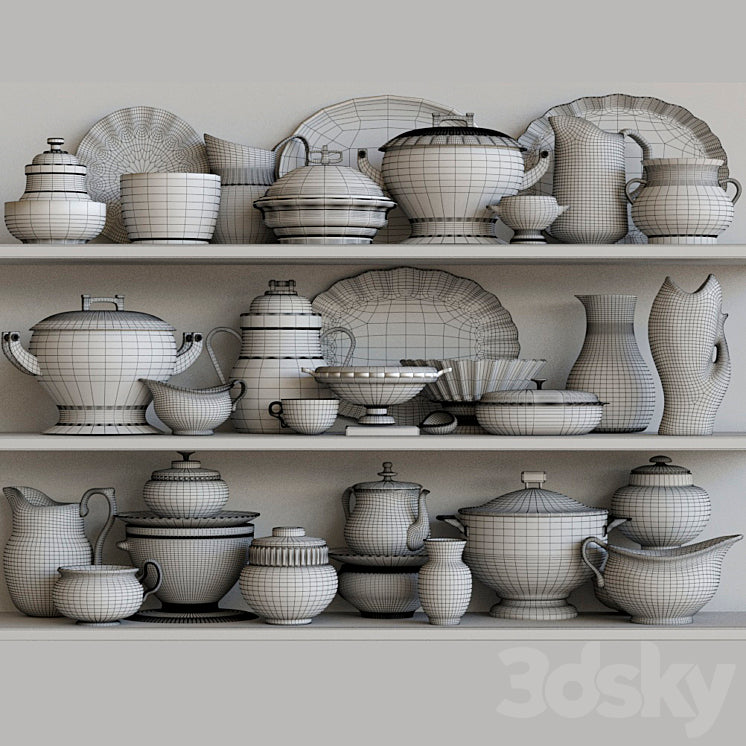 Classic set of dishes from porcelain. Service kitchen accessories 3DS Max
