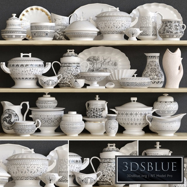 Classic set of dishes from porcelain. Service kitchen accessories 3DS Max