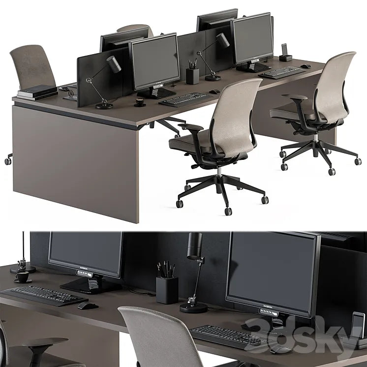 Employee Set Wood and Black - Office Furniture 335 3DSMAX Model