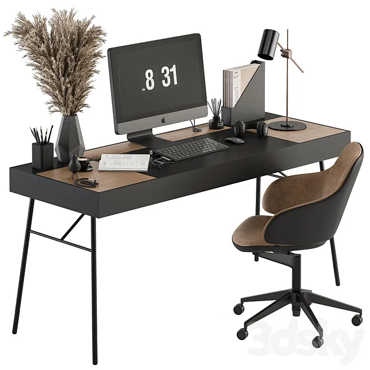 Home Office Black and Wood Table - Office Furniture 296 3DSMAX Model