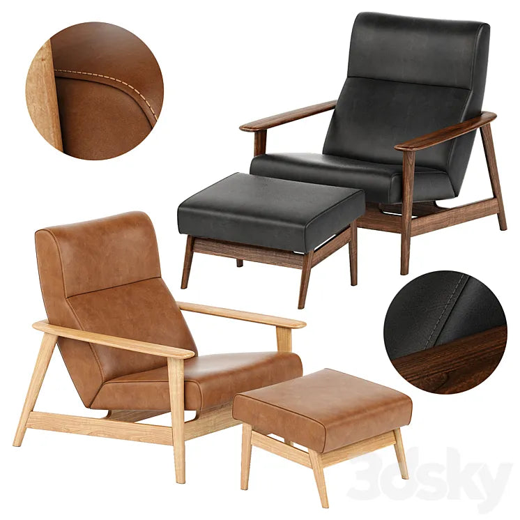 Mid-Century Show Wood Leather Chair and Ottoman 3DSMAX Model