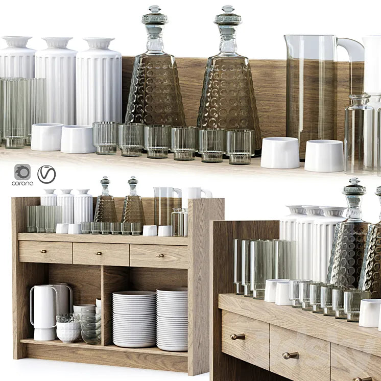Mira restaurant cabinet with dishes V4 / Wooden sideboard with dishes 3DSMAX Model