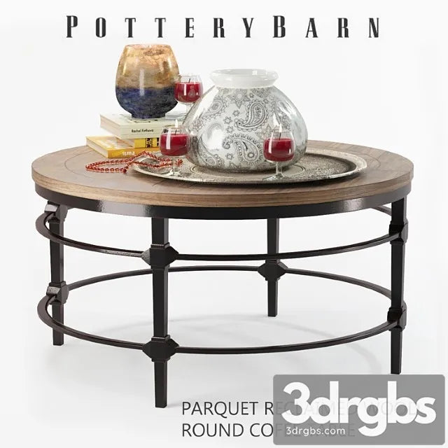 Parquet Reclaimed Wood Round Coffee Table With Decor 1 3D Model Free