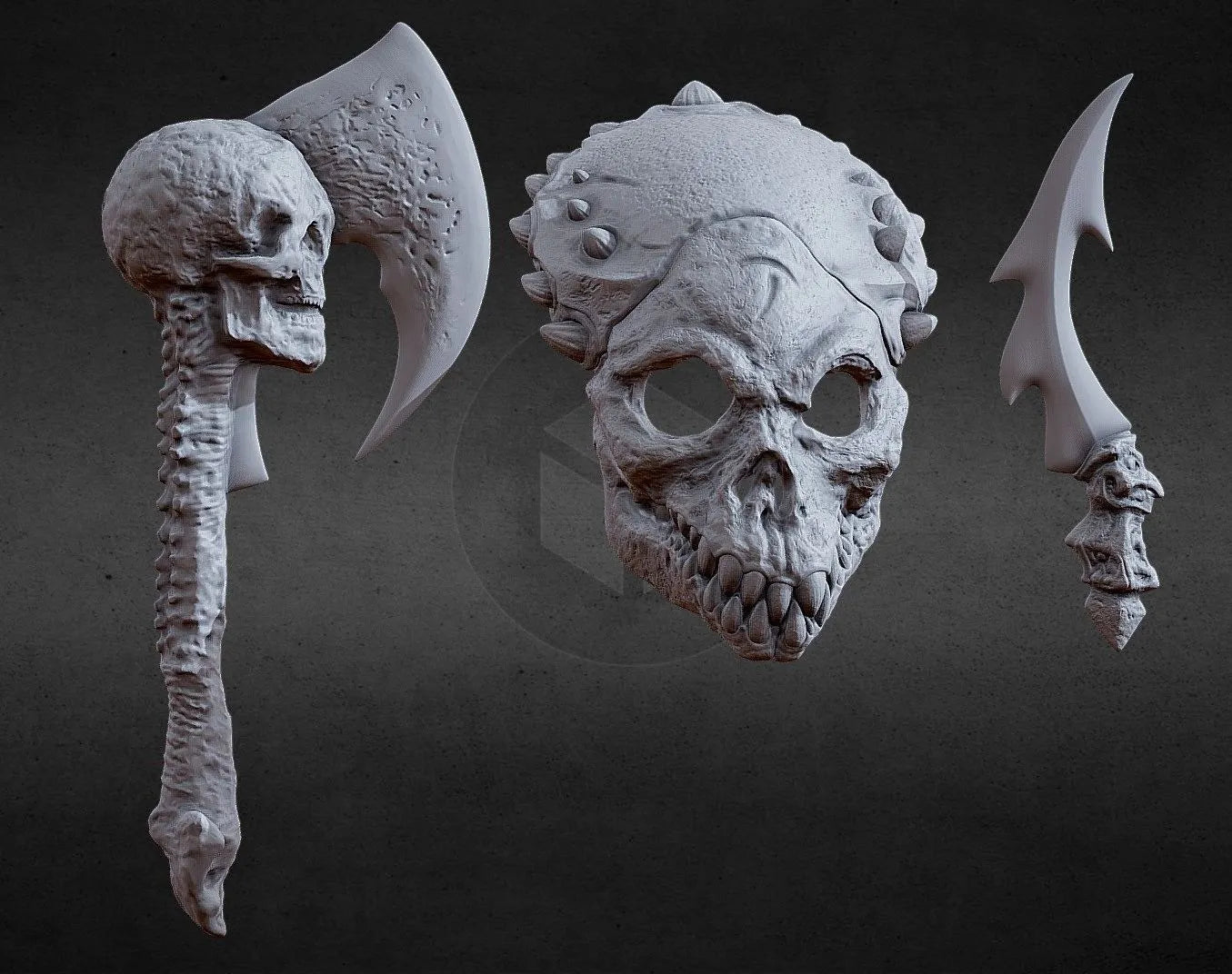 PBR Game 3D Models - 3Dprntabl Shaman Predator Biomask Axe And Dagger