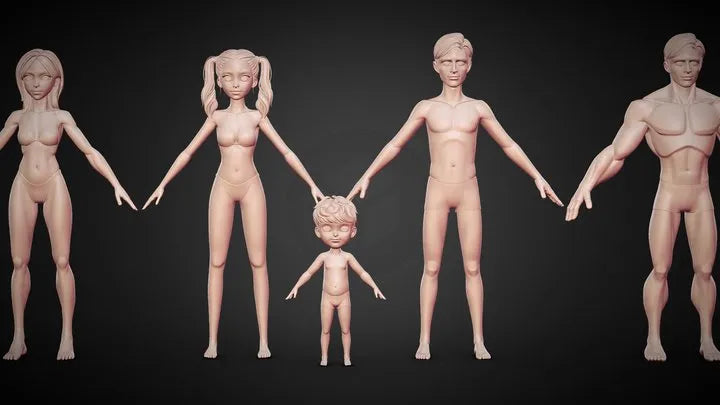 PBR Game 3D Models - 5 Cartoon Stylized Woman Man Boy Basemesh