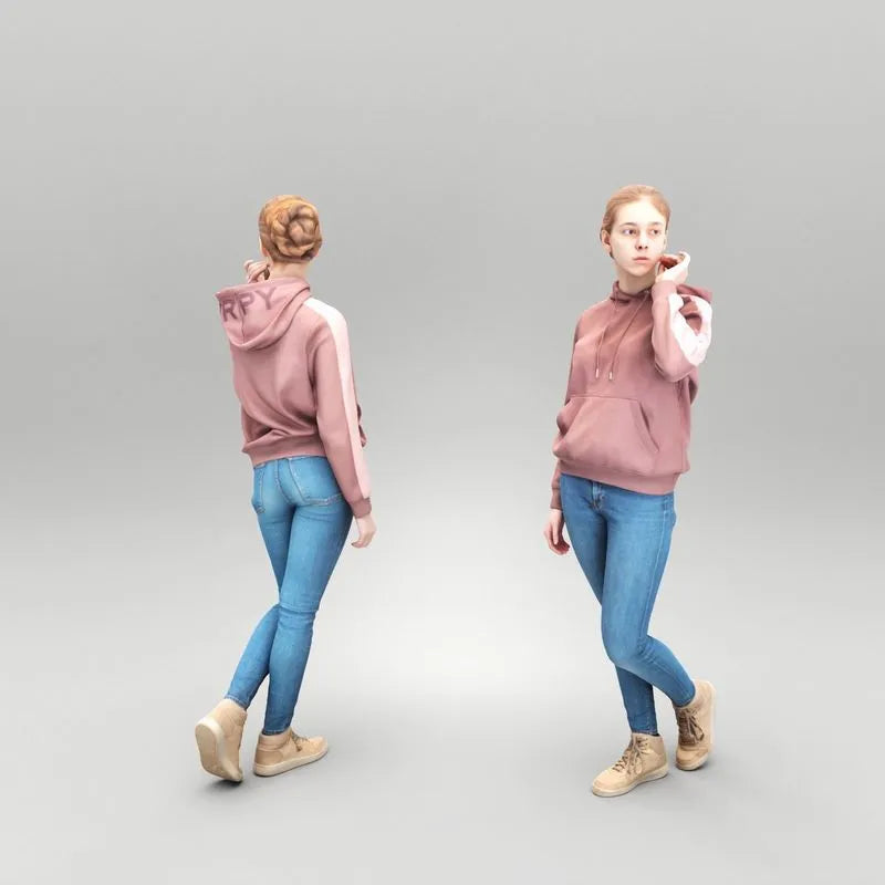 PBR Game 3D Models - Young woman in hoodie walking 426