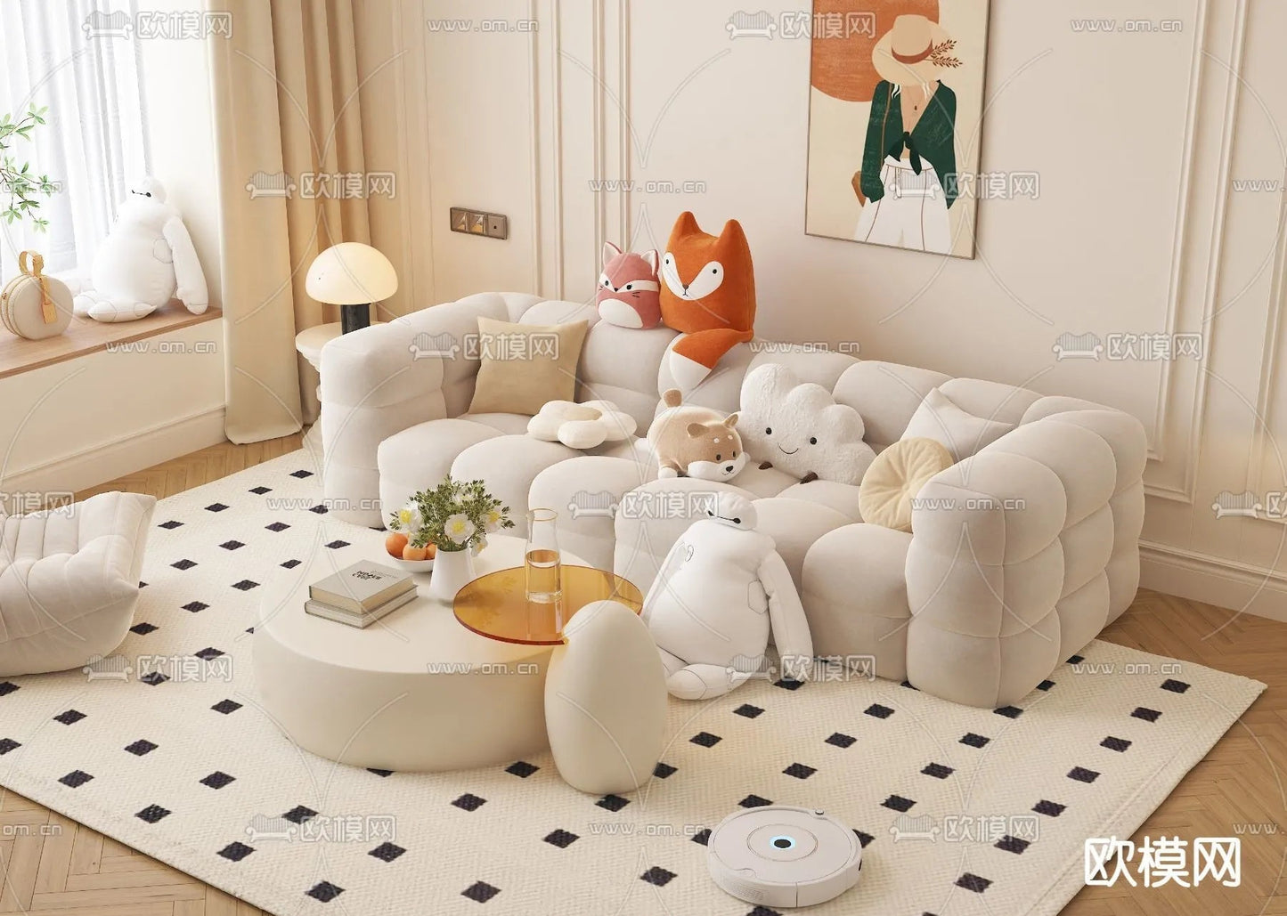 Sofa 3D Model with Cream Color – Furniture 3DS Max – 010