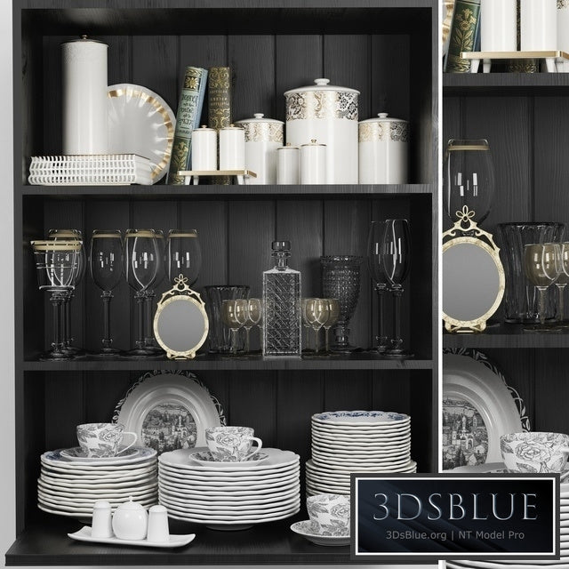 Wardrobe with a set of dishes and a crystal service in a classic style 3DS Max