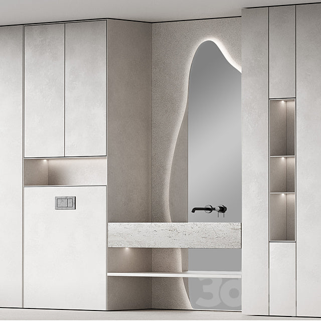 Bathroom furniture set 8. Monochrome grey. Curved mirror shape. Stone sink. Wall-mounted faucet. 3DS Max Model