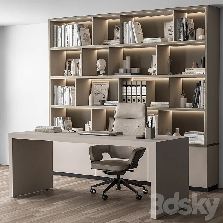 Boss Desk and Library Beige - Office Furniture 319 3DSMAX Model