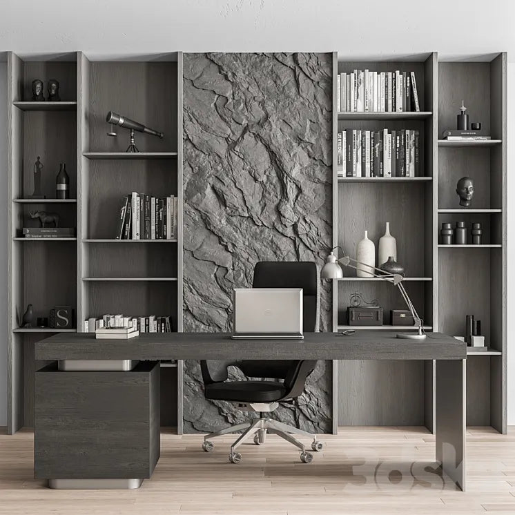 Boss Desk and Library Gray Set - Office Furniture 284 3DSMAX Model