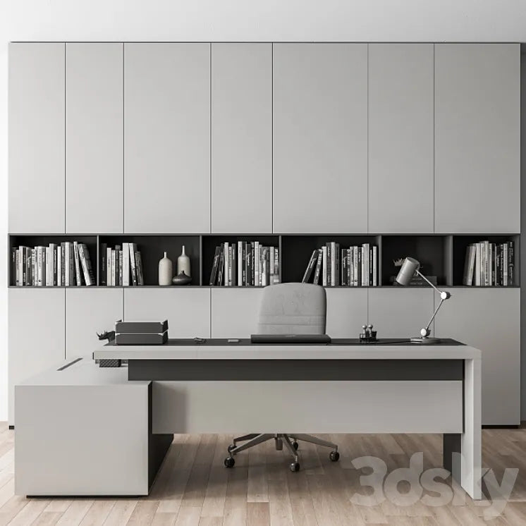 Boss Desk with Library Gray Set - Office Furniture 249 3DSMAX Model