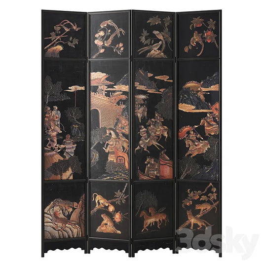 Chinese Four-Panel Lacquered Coromandel Panel Screen 3DSMAX Model