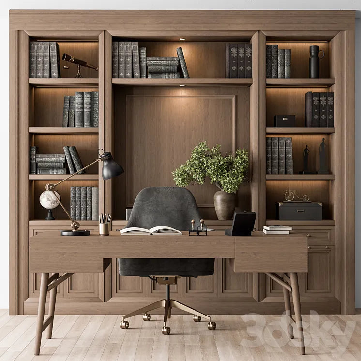 Classic Boss Desk and Library Wood Set - Office Furniture 278 3DSMAX Model