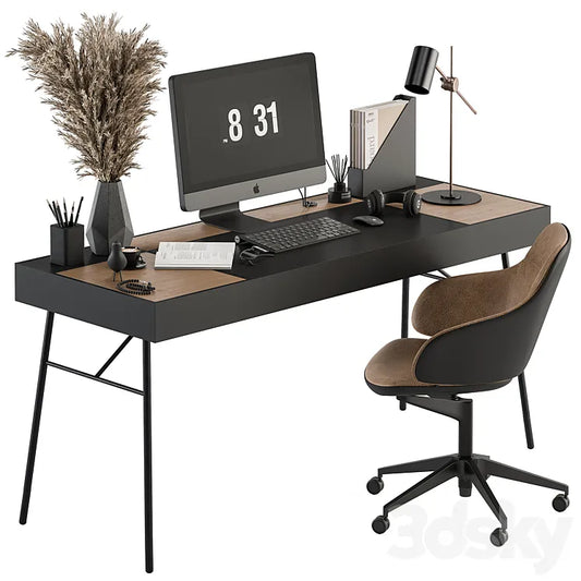 Home Office Black and Wood Table - Office Furniture 296 3DSMAX Model