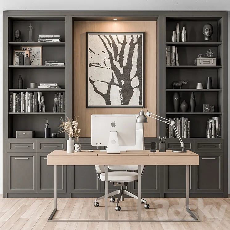 Home Office Desk and Library Gray Set - Office Furniture 279 3DSMAX Model