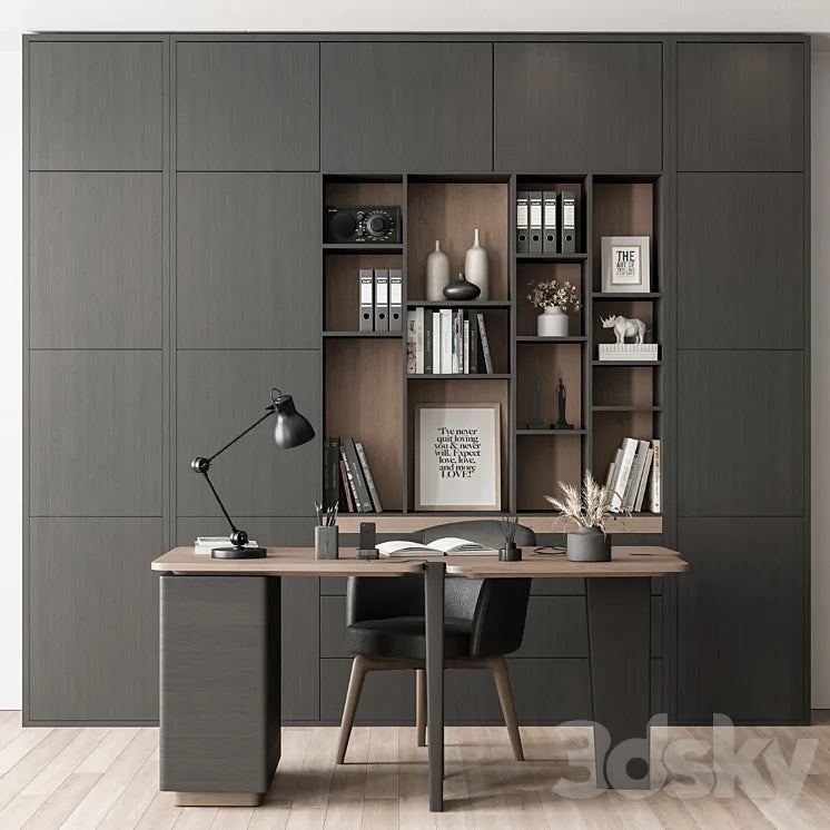 Home Office Desk and Library Gray Set - Office Furniture 286 3DSMAX Model