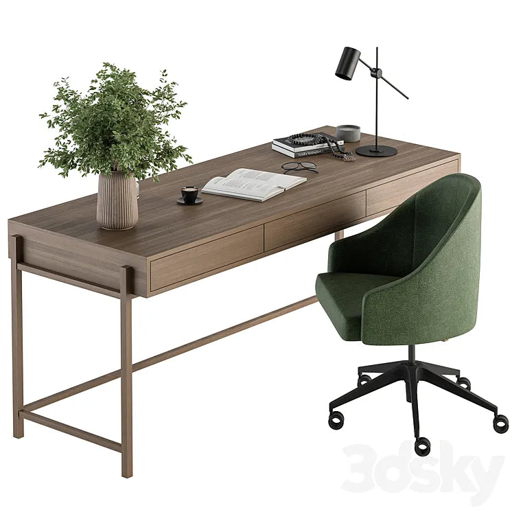 Home Office Green and Wood Set - Office Furniture 329 3DSMAX Model