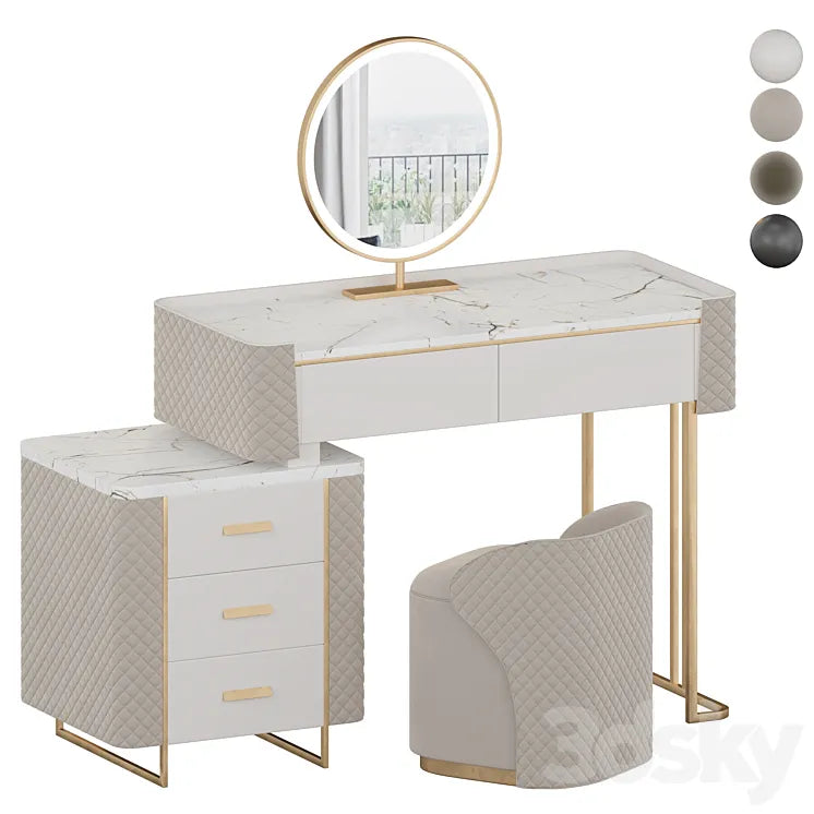 Luxury Makeup Vanity Set with LED Lighted Mirror Side Cabinet and 5 Drawers Modern Sintered Stone Dressing Table with Stool for Bedroom 3DSMAX Model