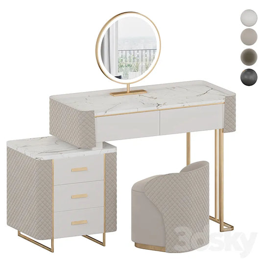 Luxury Makeup Vanity Set with LED Lighted Mirror Side Cabinet and 5 Drawers Modern Sintered Stone Dressing Table with Stool for Bedroom 3DSMAX Model