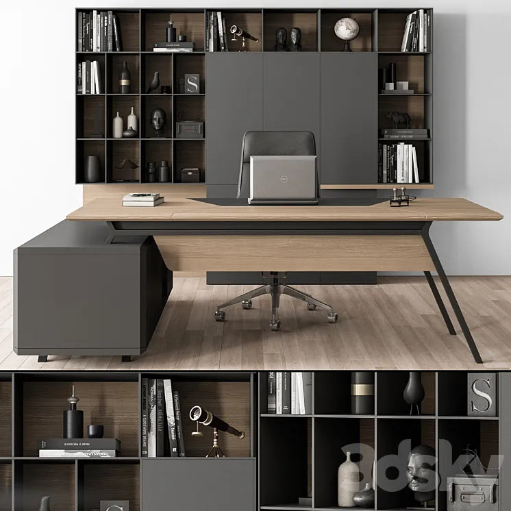 Manager Desk and Library Wood and Black - Office Furniture 266 3DSMAX Model