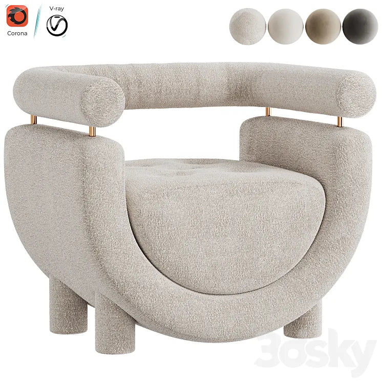 Mel Armchair Wood Brass Beige Jacquard Velvet Pearl Cotton Linen Boucle Fabric 3DSMAX Model