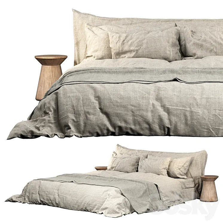 Neutral Colored Cozy Bed with Zara Home Linen Bedding 02 3DSMAX Model