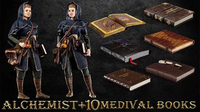 PBR Game 3D Models - ALCHEMIST WITH 10 MEDIVAL BOOKS