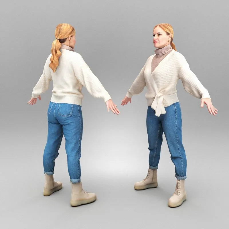 PBR Game 3D Models - Woman in sweater and jeans in A-pose 386