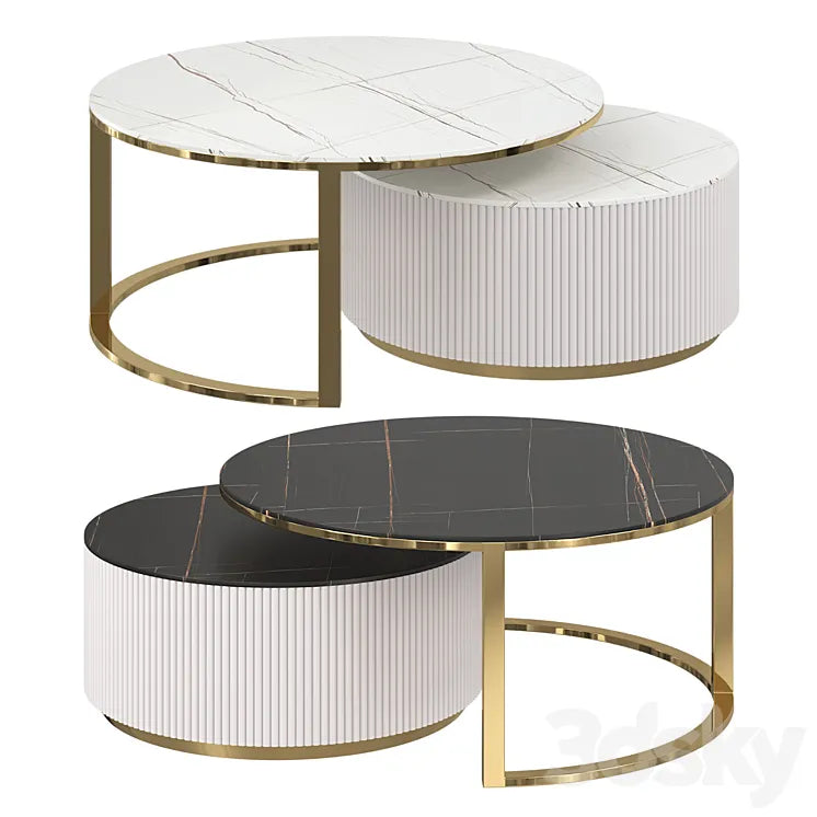Round modern coffee table with fluted stone top and drawer white with gold 3DSMAX Model
