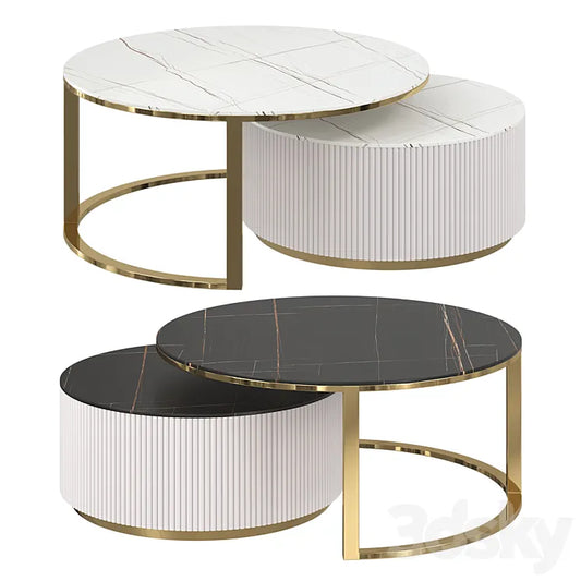 Round modern coffee table with fluted stone top and drawer white with gold 3DSMAX Model