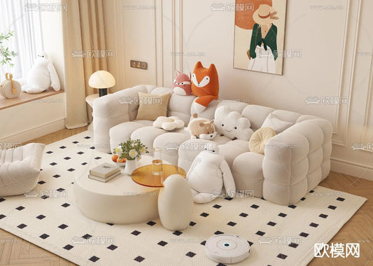 Sofa 3D Model with Cream Color – Furniture 3DS Max – 010