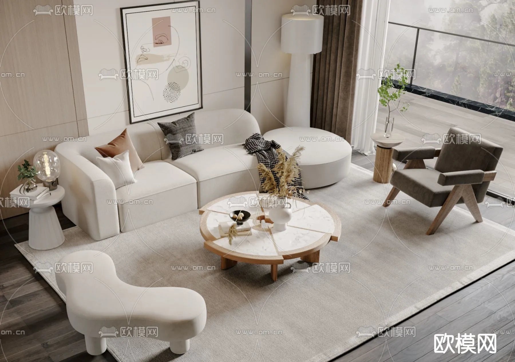 Sofa 3D Model with Cream Color – Furniture 3DS Max – 025