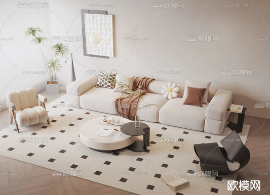 Sofa 3D Model with Cream Color – Furniture 3DS Max – 032