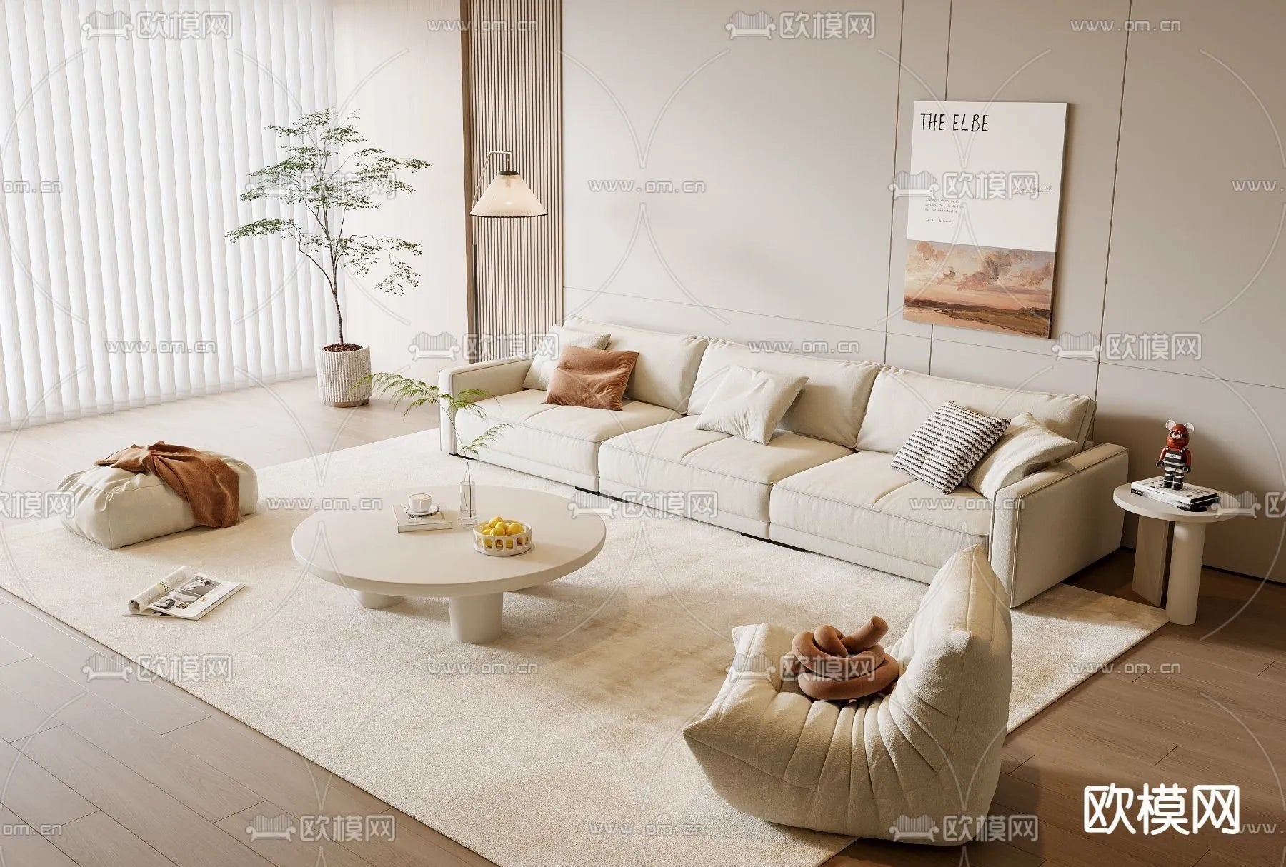 Sofa 3D Model with Cream Color – Furniture 3DS Max – 039