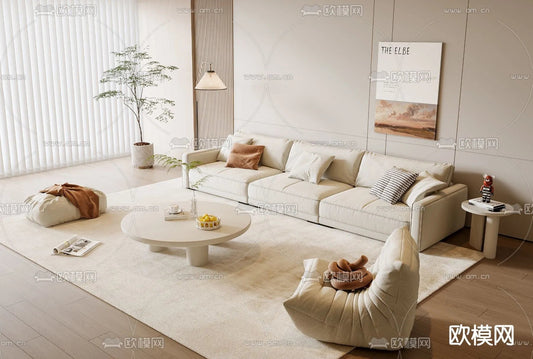 Sofa 3D Model with Cream Color – Furniture 3DS Max – 039