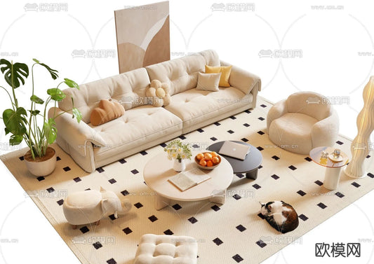 Sofa 3D Model with Cream Color – Furniture 3DS Max – 050