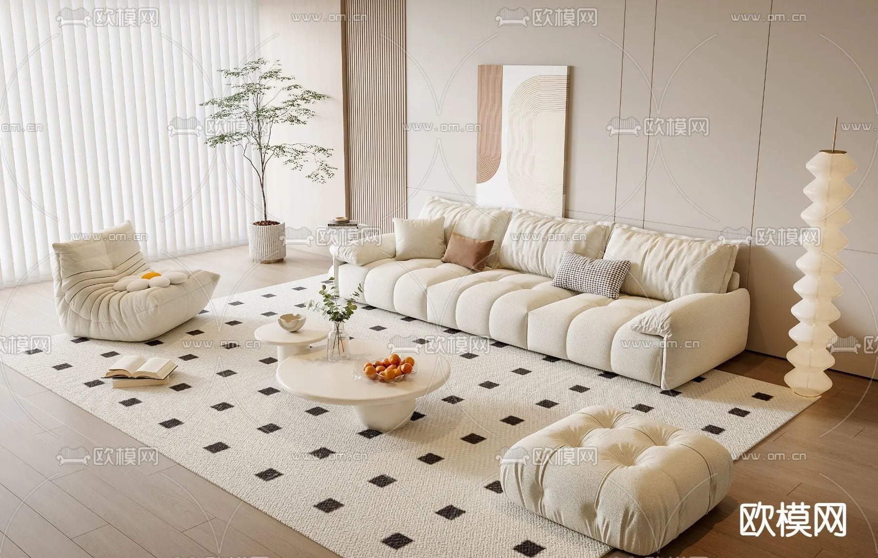 Sofa 3D Model with Cream Color – Furniture 3DS Max – 054