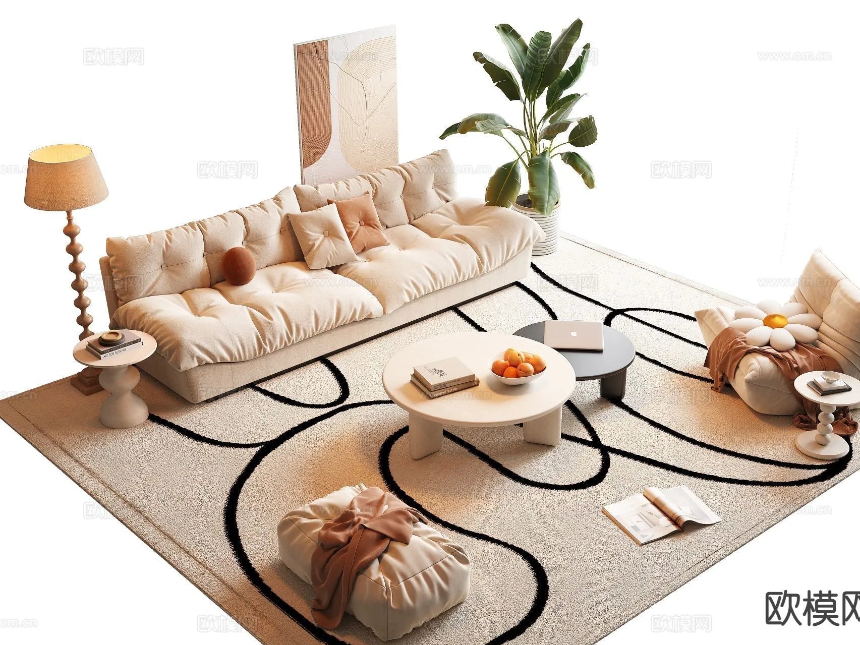 Sofa 3D Model with Cream Color – Furniture 3DS Max – 098