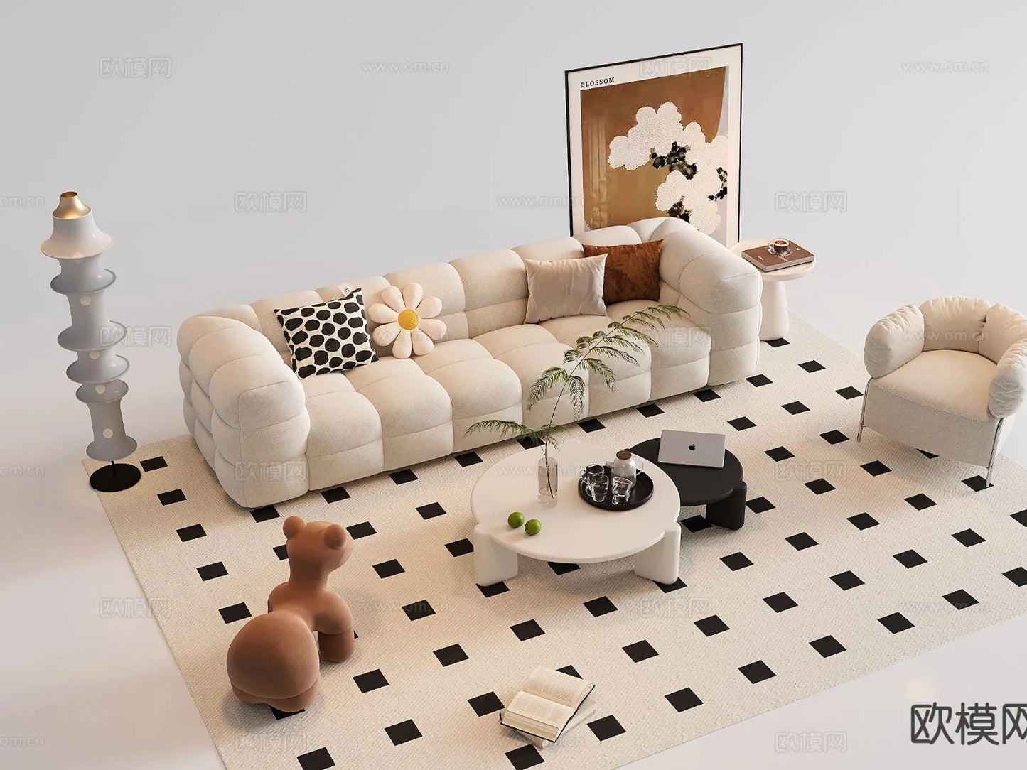 Sofa 3D Model with Cream Color – Furniture 3DS Max – 107