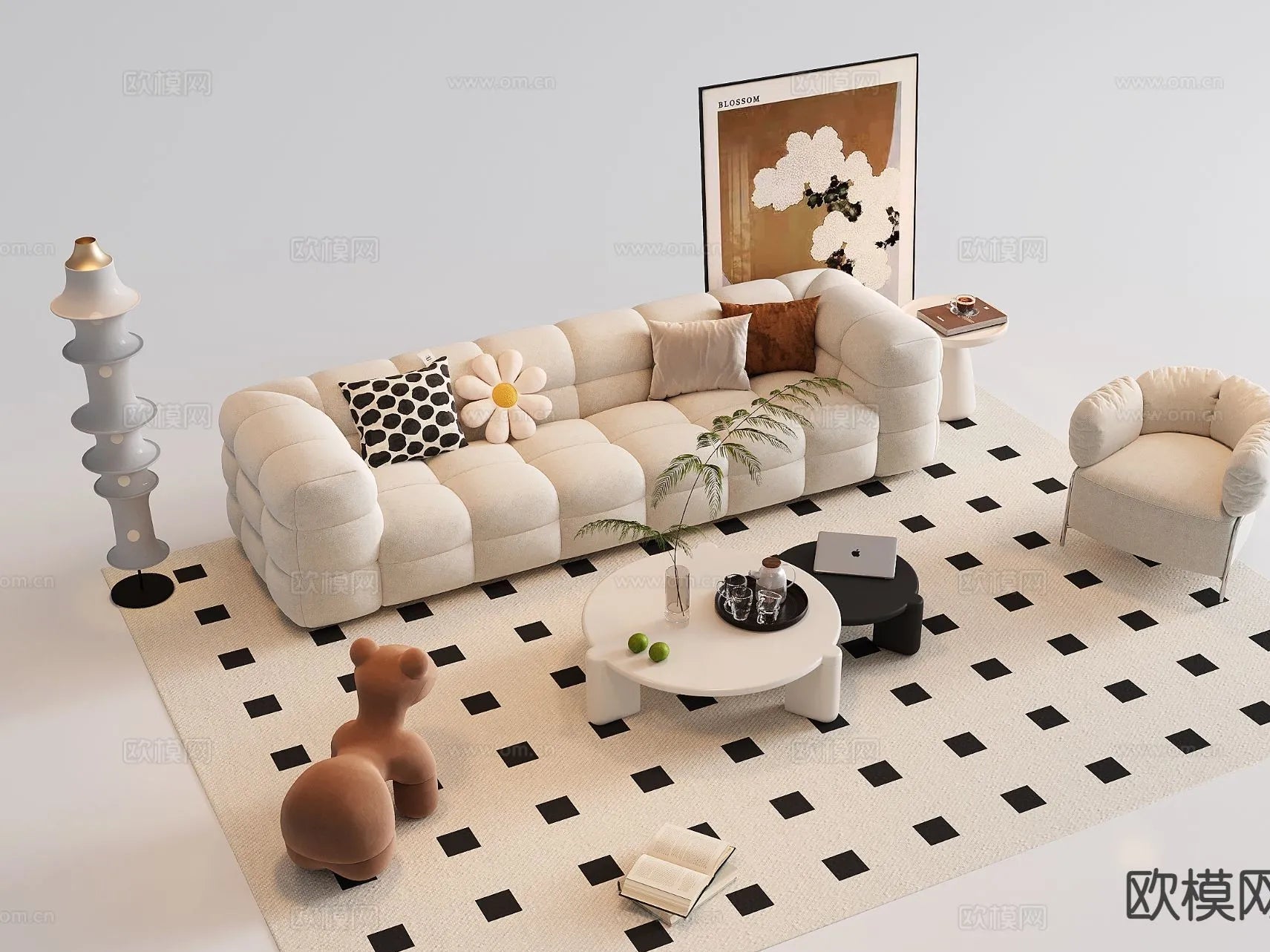 Sofa 3D Model with Cream Color – Furniture 3DS Max – 107