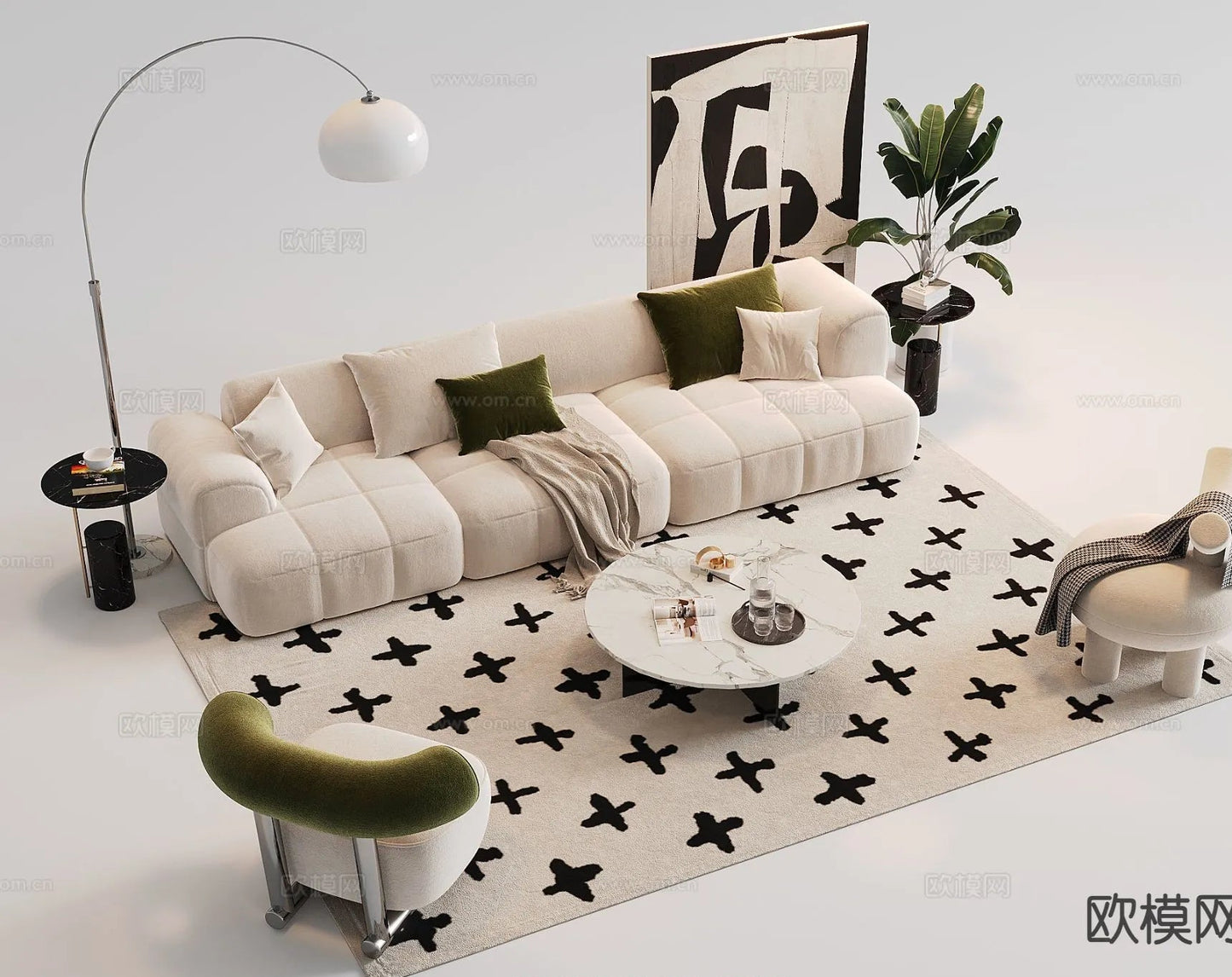 Sofa 3D Model with Cream Color – Furniture 3DS Max – 109