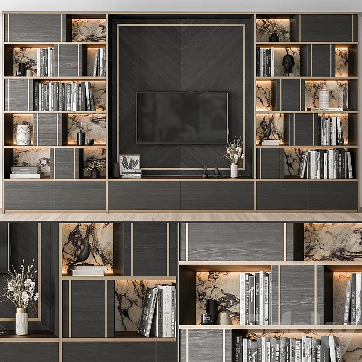 TV Wall Black Wood with Stone Slab - Set 32 3DSMAX Model