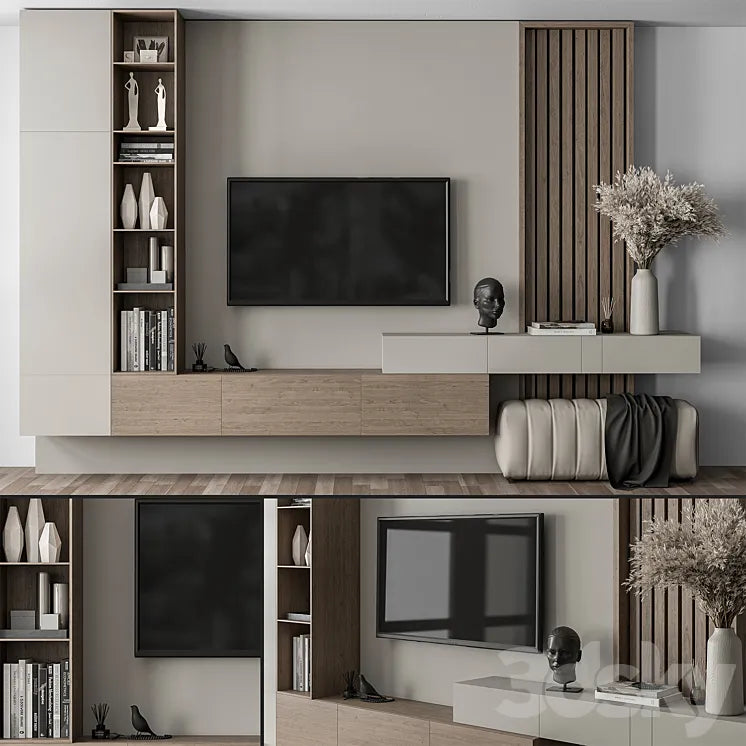 TV Wall Gray and Wood with Hallway Cabinet - Set 37 3DSMAX Model